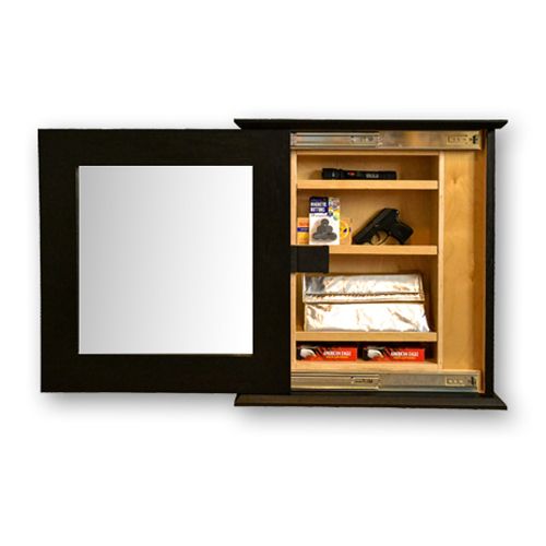 Hidden storage mirror, In-wall gun safe concealment cabinet